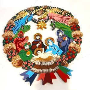 Hand Painted Wooden Nativity Scene Hanging Wreath Vintage